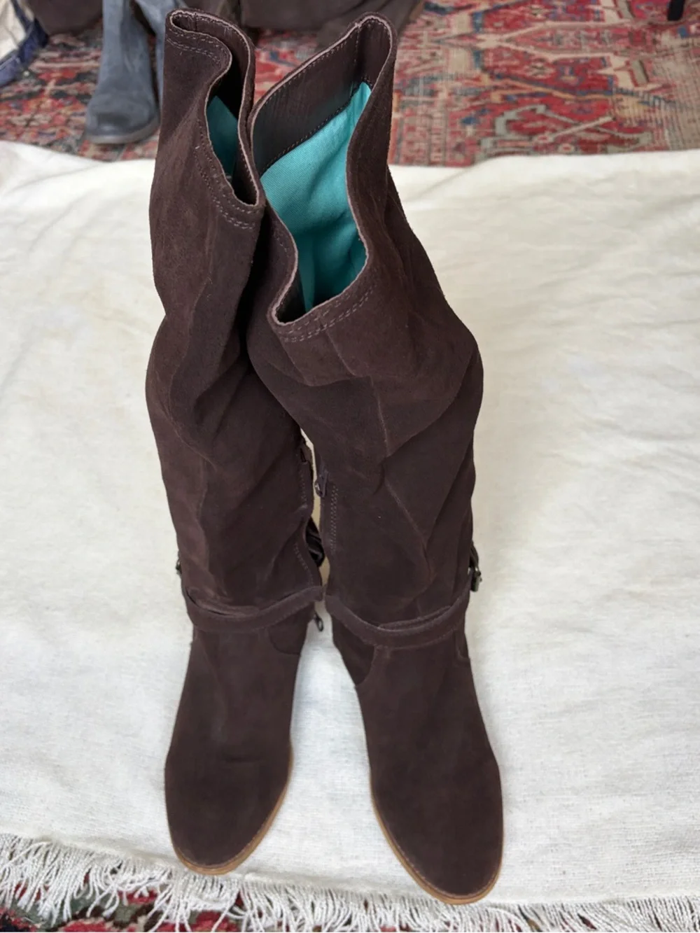 Boden Dark Brown Suede Over-the-Knee Boots with Teal Lining